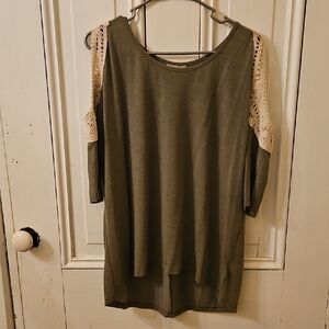 Stella Tweed Olive Green Blouse with Lace Accents